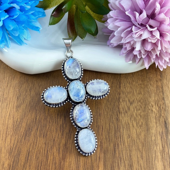 XL Rainbow Moonstone Cross Pendant Purple Blue Southwest Sterling 925 Overlay - Picture 2 of 6